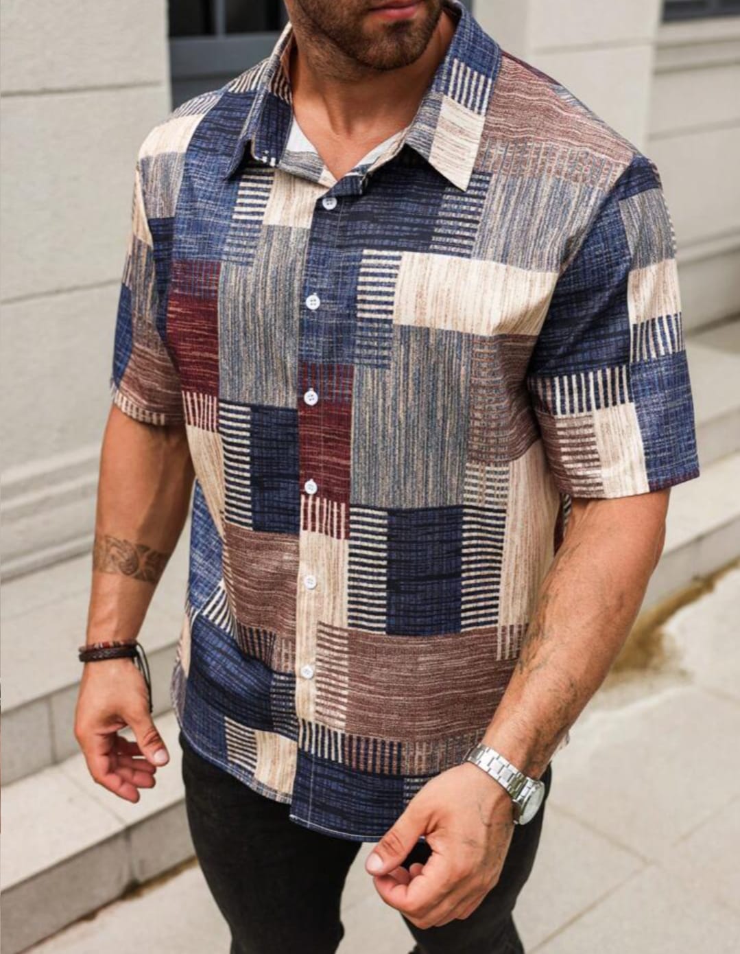 Men's Casual Geometric Patchwork Printed Half Sleeve Shirt